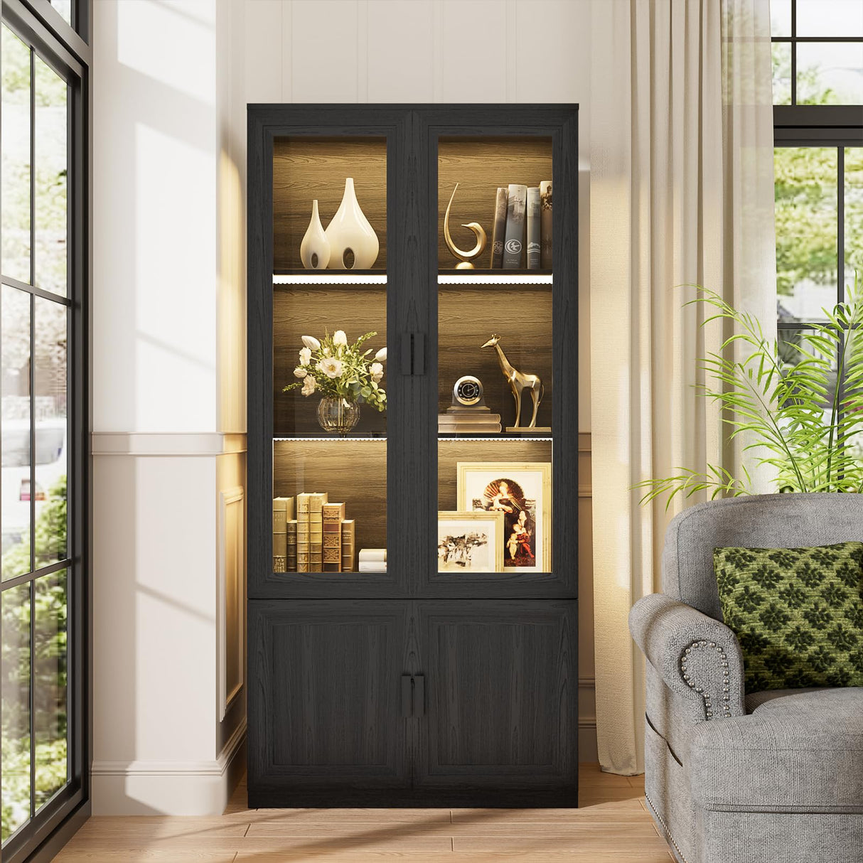 BROTTAR Display Cabinet with Glass Doors, Curio Cabinet with 3 Shelves, Bookcase with LED Lights, Storage Cabinet with Magnetic Lock & Buffer Hinge BROTTAR
