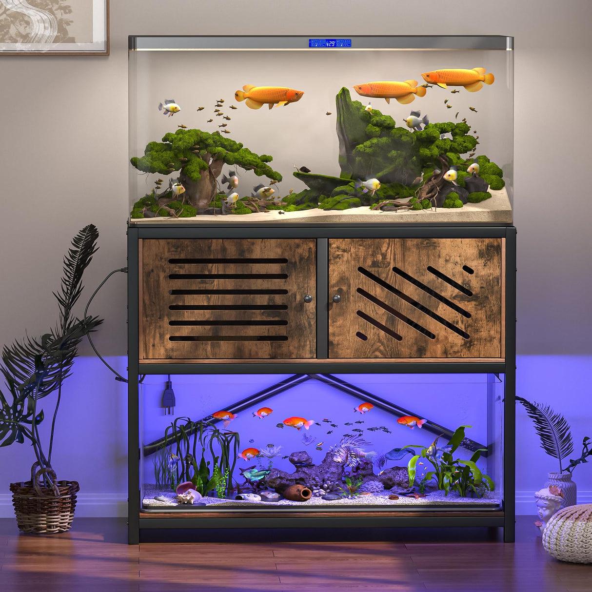 MELLCOM 40-50 Gallon Fish Tank Stand with Power Outlets and LED Light, Metal Aquarium Stand with Cabinet for Fish Tank Accessories Storage, Turtle Reptile Terrariums Stand Rack, Tank not Included MELLCOM