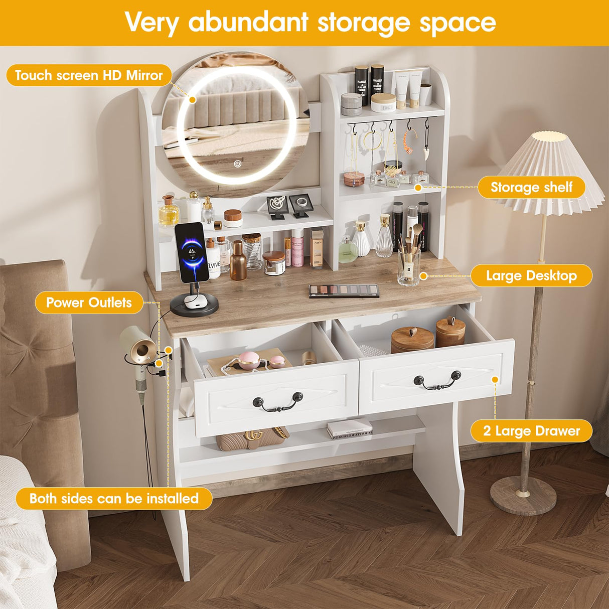 Vabches Vanity Desk with Mirror and Lights, Makeup Vanity Desk with Charging Station, 3 Lighting Modes & Adjustable Brightness Dressing Table with 2 Drawers for Bedroom Dressing Room Vabches