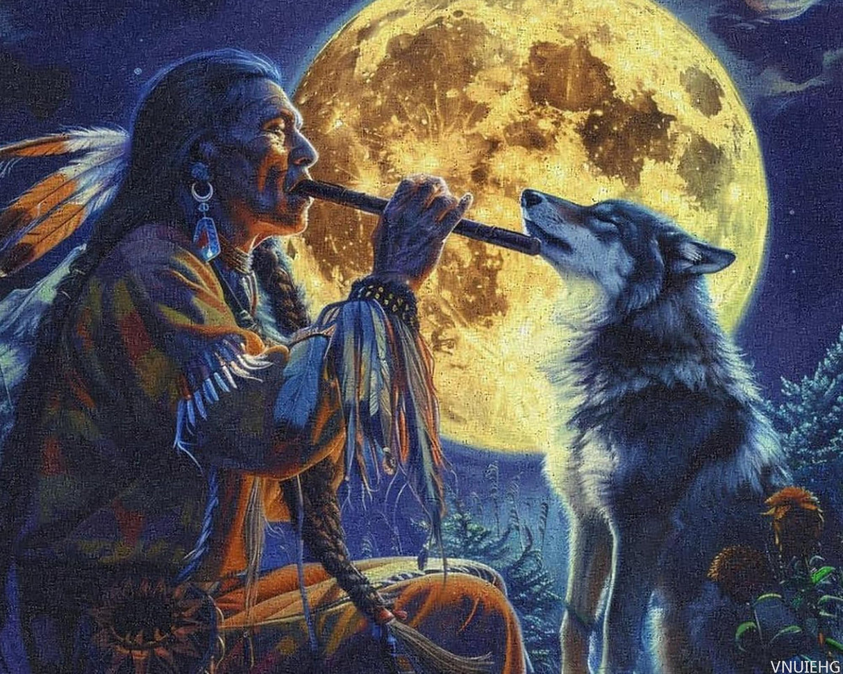 VNUIEHG Tribal Wolf Song Native American Paint by Numbers for Adults Beginner DIY Painting by Numbers Kits Wall Art for Home Office Decor 16x20in VNUIEHG