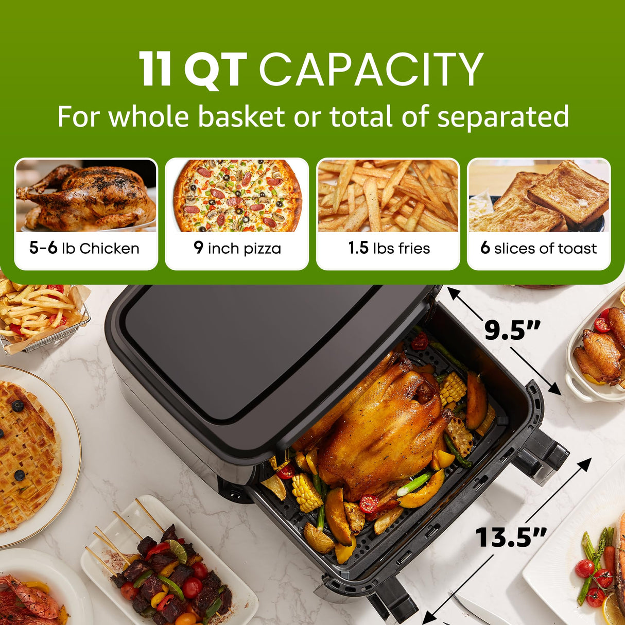 Elite Gourmet EAF1055D Dual Zone Air Fryer Oven, 11QT. Capacity with Divider 2 Independent Cook Zones, Dishwasher Safe Basket, 10 Preset Functions, 1600-Watts, with Recipe Booklet, Black Elite Gourmet