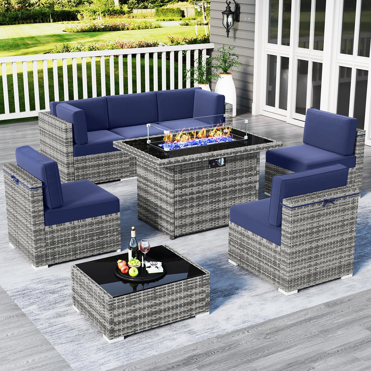 LayinSun 8 Piece Patio Furniture Set with 44" Propane Gas Fire Pit Table, Outdoor Sectional Conversation Set Wicker Rattan Sofa Set with Coffee Table LayinSun