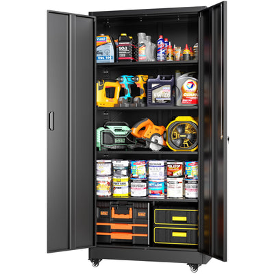 Greenvelly Metal Garage Storage Cabinet with Wheels, 73" Black Lockable Rolling Storage Cabinet with Doors and 4 Adjustable Shelves, Large Lockable Steel Cabinets for Garage, Office, Home, School