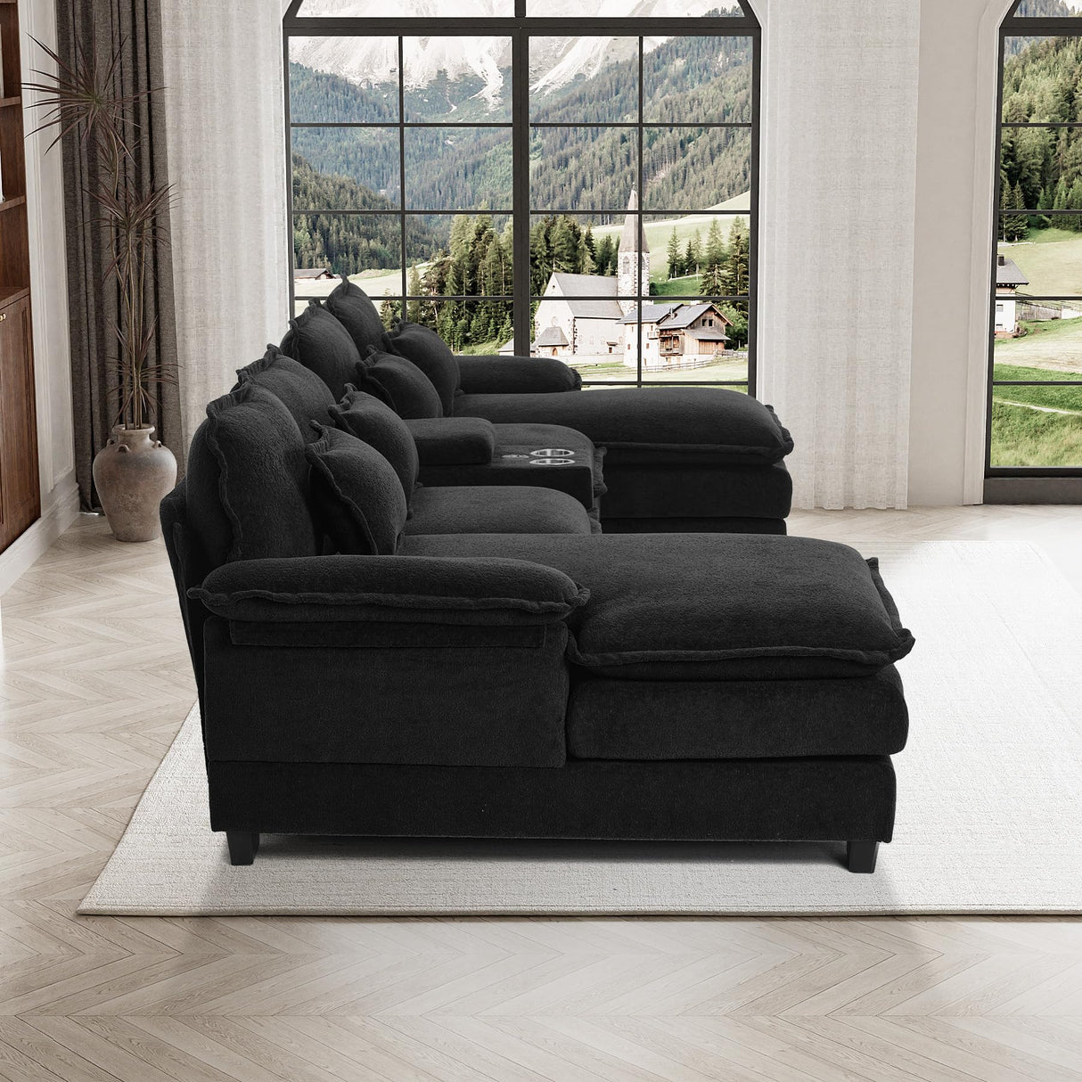 U Shaped Cloud Couch Sectional Sofa, 124" Comfy Fluffy Chenille Cloud Black Sectional Couches for Living Room with Double Chaise Lounge, Modern Modular Sofa with Central Console & USB Port ONEMMLION