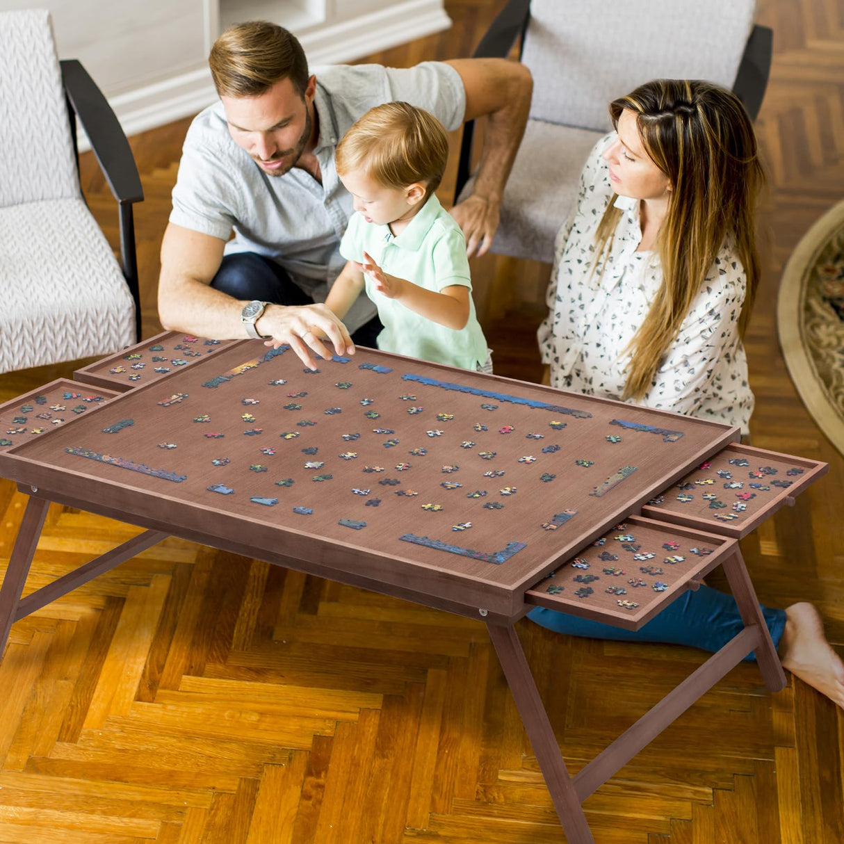 TEAKMAMA 1500 Piece Wooden Jigsaw Puzzle Board with 4 Drawers, Folding Puzzle Table with Protective Cover, Puzzle Board with Legs, Multifunctional Puzzle Board for Adults, 34W x 26.3D, Chocolate Brown TEAKMAMA