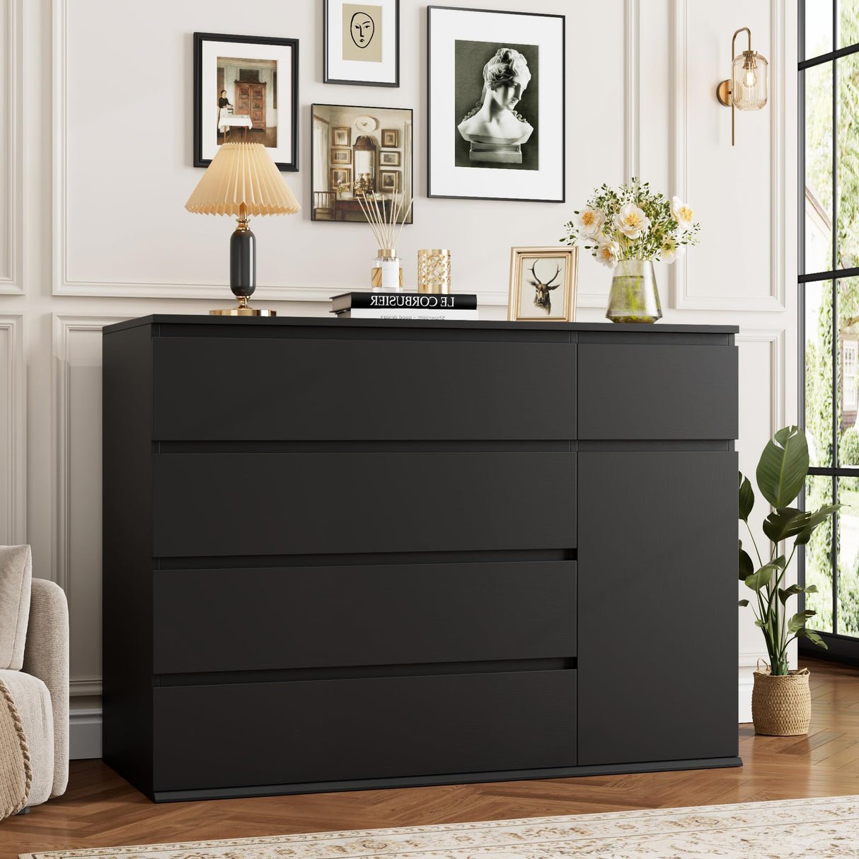 FOTOSOK 5 Drawer Dresser, Black Dresser for TV Stand, Double Wide Storage Chest of Drawers with Door, Deep Drawers and Wide Storage Space FOTOSOK