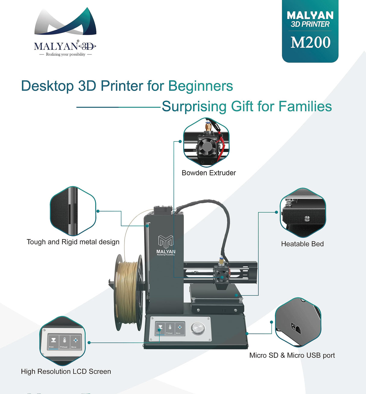 MALYAN M200 FDM Mini 3D Printer - Fully Assembled 3D Printers for Kids and Beginners, Free Sample PLA Filament and MicroSD Card Preloaded with Printable 3D Models, Printing Size 120x120x120mm MALYAN