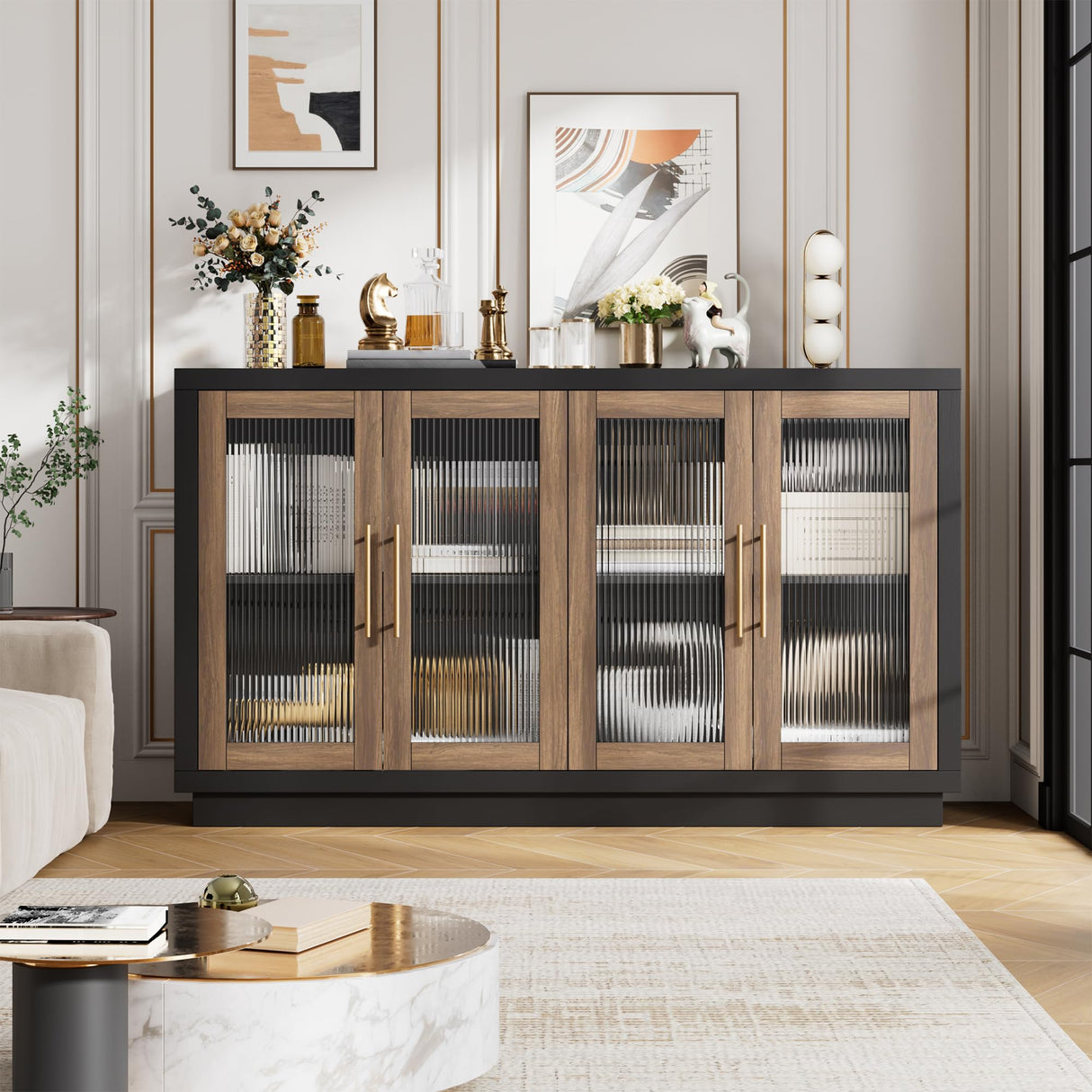 FOTOSOK Buffet Cabinet with Storage, 55.1" Large Sideboard Buffet Cabinet, Modern Sideboard Kitchen Cabinet with 4 Fluted Glass Doors, Wood Coffee Bar Cabinet Buffet Table for Kitchen, Black/Brown FOTOSOK