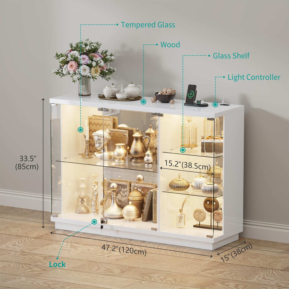 HNEBC Lockable Display Curio Cabinet with Glass Door,47.2" W Glass Display Cabinet with 3 Color Lights for Collectibles,5-Tier Lighted Display Case with Human Sensor,Living Room,White HNEBC