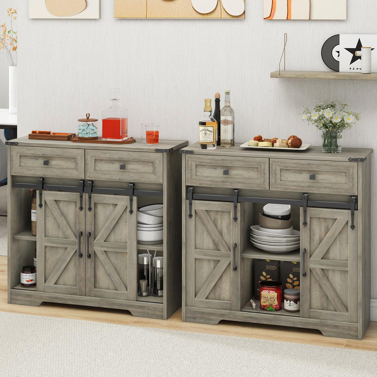 Vabches Farmhouse Storage Cabinet with Sliding Barn Doors and Drawers, Grey Freestanding Kitchen Pantry Cabinet, Floor Storage Cabinet for Bathroom, Living Room, Adjustable Shelves, Ample Space Vabches