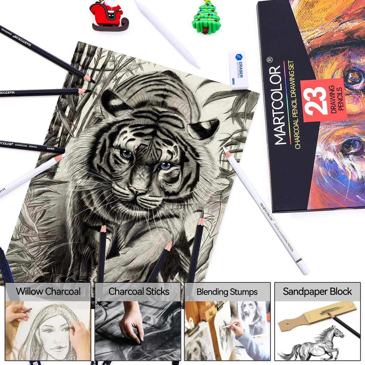 MARTCOLOR Charcoal Drawing Set, Set of 23, Graphite Pencils, Black & White Charcoal Pencils for Drawing, Sketching, Shading, Blending, Artist Pencils for Beginners & Pro Artists MARTCOLOR