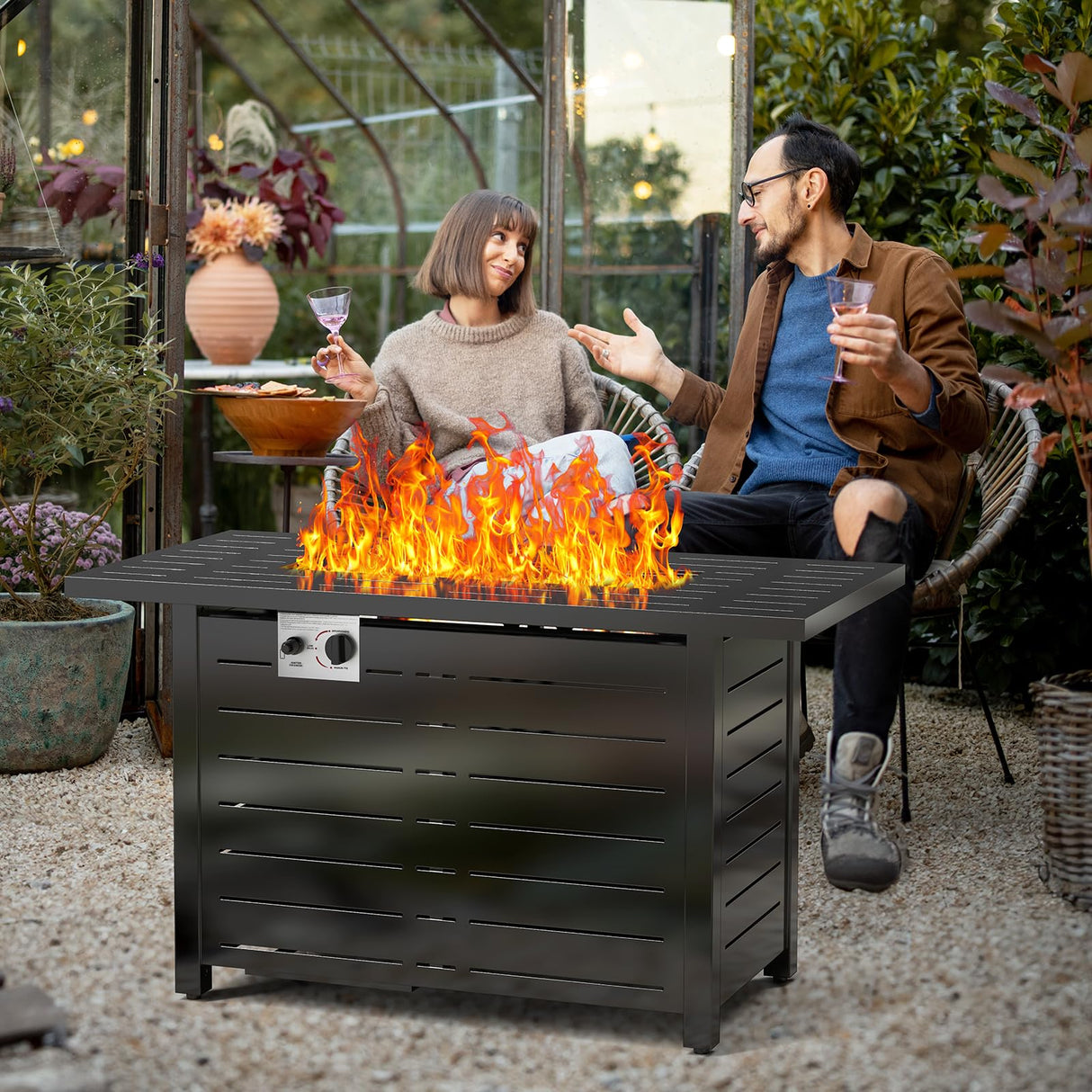Xbeauty Fire Pit Propane Gas FirePit Table 43" Outdoor Fire Pit Rectangular Tabletop with Lid, Rain Cover, for Outside Garden Backyard Deck Patio Xbeauty