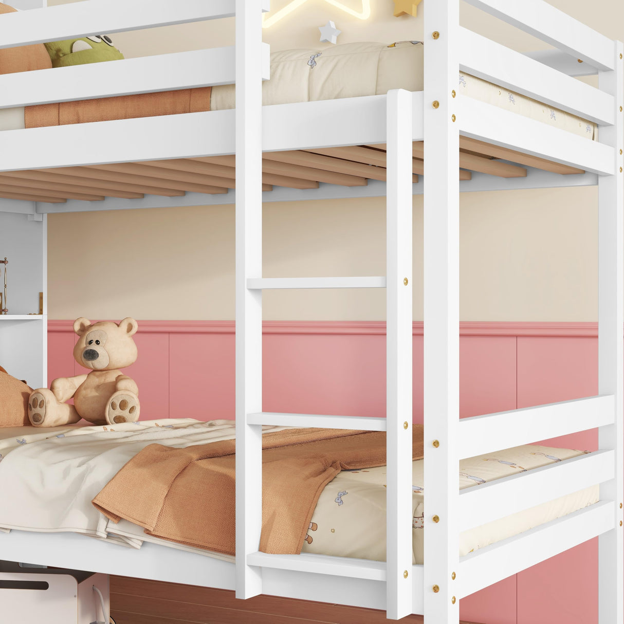 KEIKI Twin Over Twin Wooden Bunk Bed with Shelves, Ladder & Guardrails, Convertible Design for Boys, Girls, or Teens, No Box Spring Needed, White KEIKI