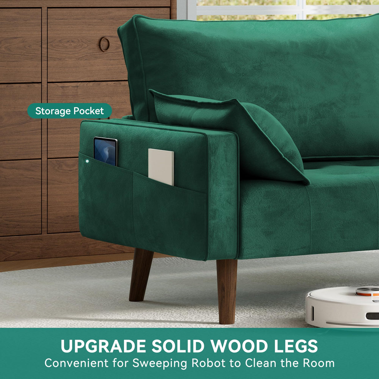 DWVO 68" Loveseat Sofa, Velvet Fabric Sofa Couch for Small Space, Modern Loveseat with Button Tufted Seat and Side Storage Pockect, 3 Seater Couch for Living Room Bedroom, 2 Pillows Included, Green DWVO