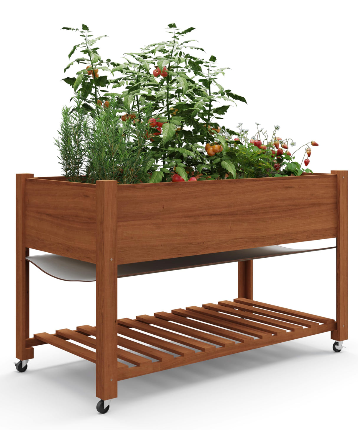 GarveeHome Raised Garden Bed 48x24x32-Inch Mobile Elevated Wood Planter Raised Beds w/Lockable Wheels, Storage Shelf, and Protective Liner for Indoor/Outdoor Gardening,Acorn Brown GarveeHome