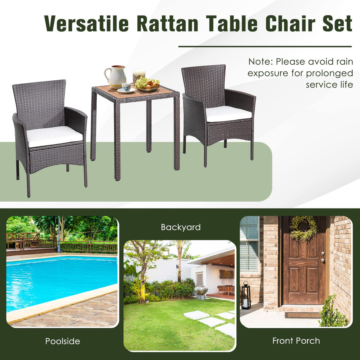 Tangkula 3 Pieces Patio Furniture Set, Outdoor Mix Brown Wicker Dining Set w/Acacia Wood Top Table, Comfortable Cushioned Chairs, Space-Saving Rattan Conversation Set for Garden, Backyard, Porch Tangkula