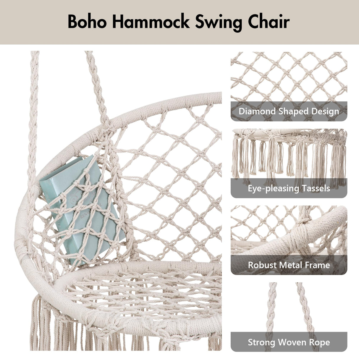 ANOW Macrame Hammock Chair with Stand, Heavy Duty Hanging Chair Stand with Swing Chair, Includes Luxury Padded Cushion, Max 330 Lbs, Natural ANOW