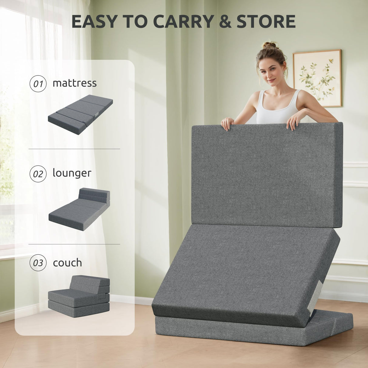 Youzi Folding Sofa Bed, Foldable Mattress for Bedroom and Living Room, 6 Inches Single Four-fold Floor Sofas for Guests, Sofa Bed Chair Floor Mattress with Washable Cover, Dark Gray, 75" x 25" x 6" Youzi