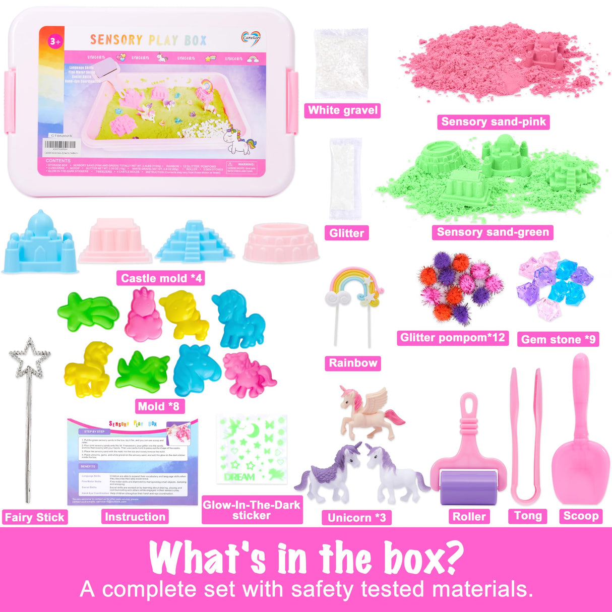 Carolart Unicorn Sensory Bin, Castle Molds, Sand Art Kit for Boys and Girls, Squishy Sand for Toddlers 3+ Carolart