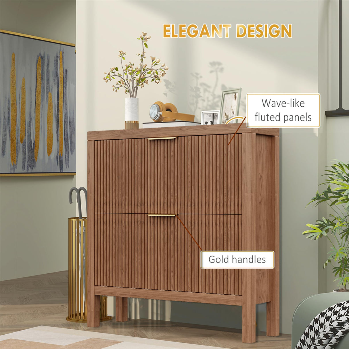 Vudanfe Modern 2-Tier Flip Drawer Shoe Cabinet, Freestanding Hidden Slim Narrow Shoe Rack Cabinet, Wooden Large Capacity Shoe Storage Cabinet Shoe Organizer, for Entryway, Hallway, Walnut X2 Vudanfe