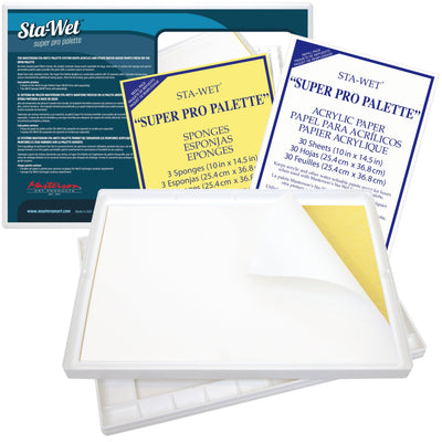 Masterson Sta-Wet Super Pro Palette Bundled Set 11.5x15.5in Wet Paint Palette with 32 Well Watercolor Palette, 30 Acrylic Paper Refill Sheets and 3 Sponge Refill Pack, Keeps Paint Fresh, Made in USA