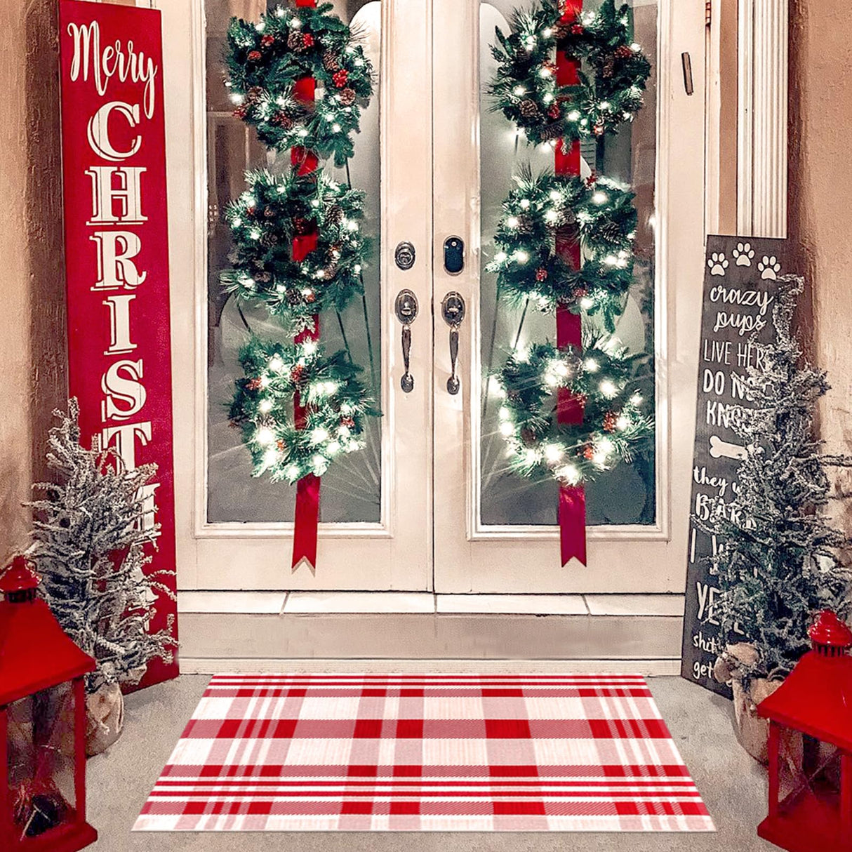 Fallovea Christmas Rugs Red and White Plaid, 28 x 43 Inches Area Rug Outdoor Indoor Front Porch Doormat Cotton Hand-Woven Layered Door Mats for Entryway Patio Entryway Laundry Bedroom Living Room Fallovea