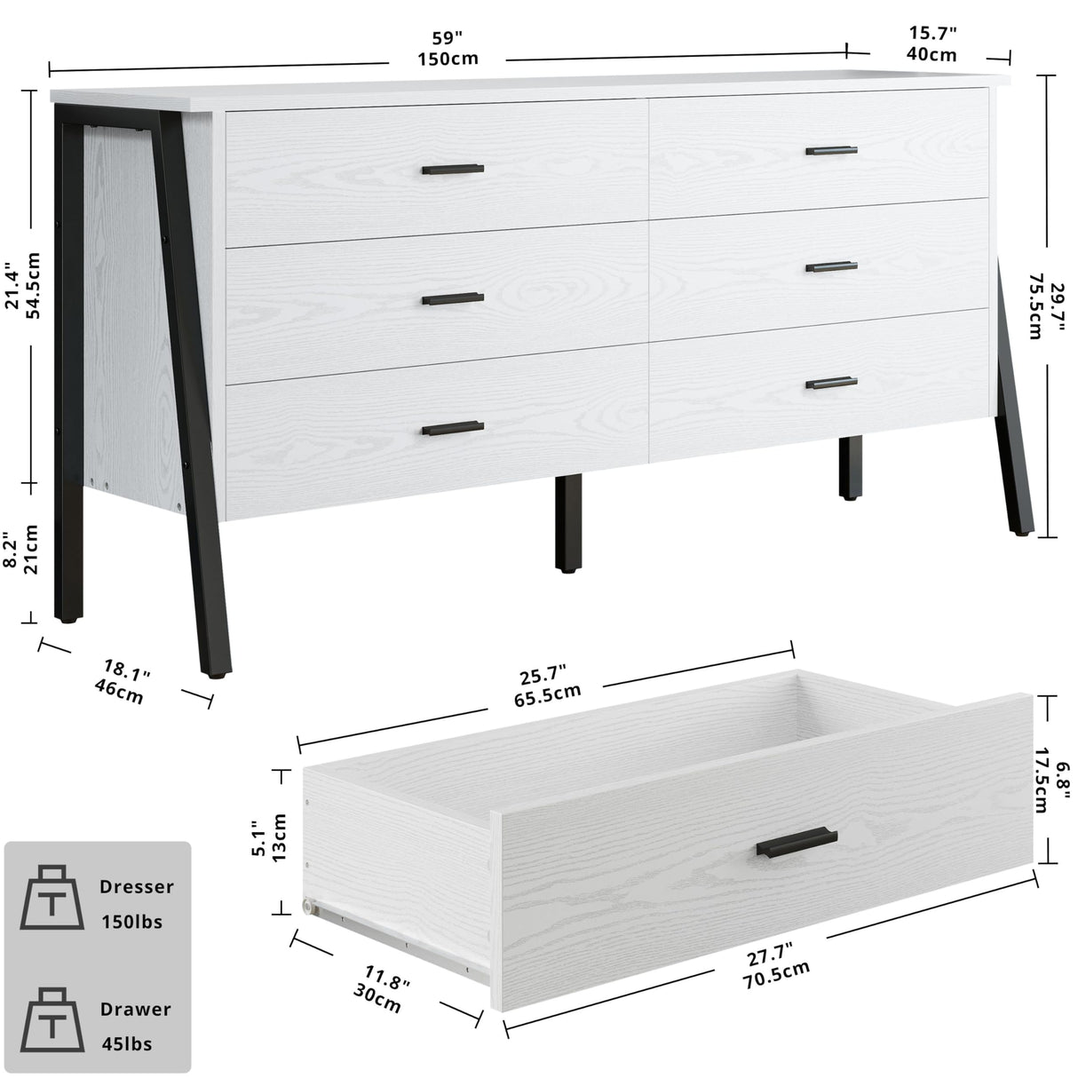 LIKIMIO 6 Drawer Double Dresser for Bedroom, 59" Chest of Drawers, White Dresser, TV Stand Large Storage Organizer Furniture in Living Room,Closet,Hallyway LIKIMIO
