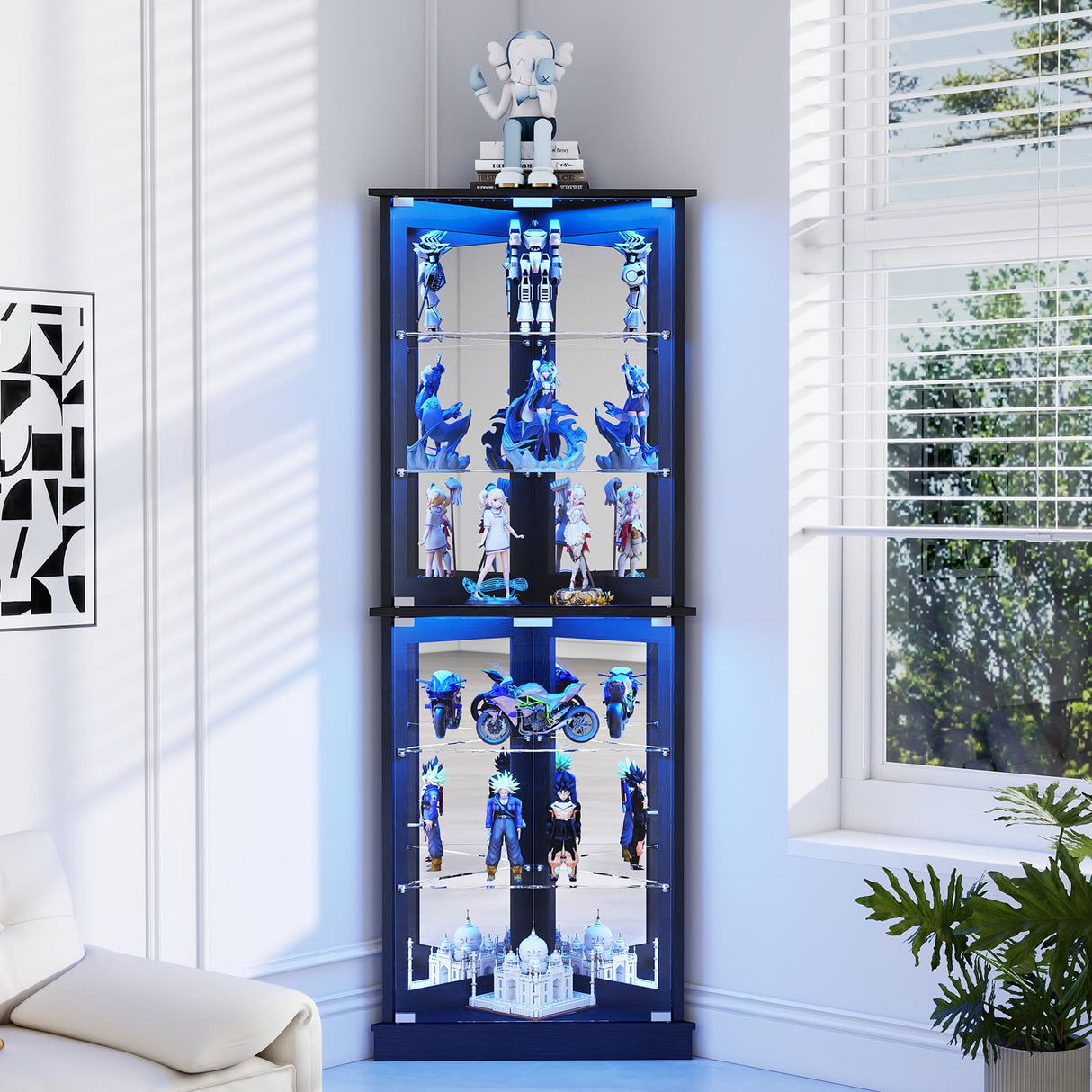 Lamtor 72" Corner Display Cabinet with Glass Doors, 6-Tier Showcase Curio Cabinet for Collectibles with Dynamic LED Lights, Modern Display Case for Living Room, Black Lamtor