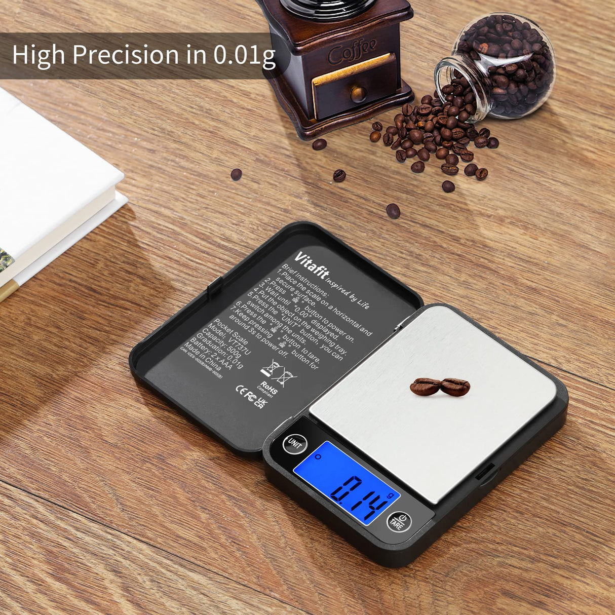 Vitafit 500g Digital Pocket Scale,High Accuracy Assured by Scale Professional Factory Since 2001, Gram Scale 0.01g for Multifunction: Lab,Food, Kitchen,Coffee,Jewelry; Black Vitafit