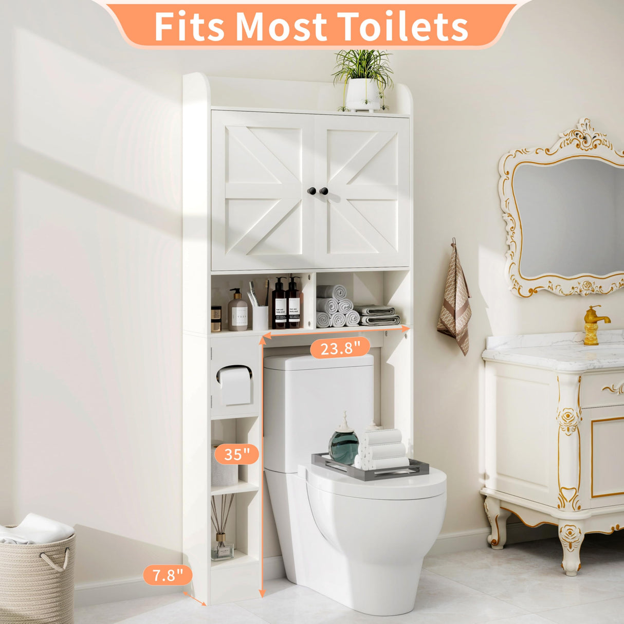 MUUEGM Over The Toilet Storage Cabinet with Barn Doors, White Bathroom Organizer, Farmhouse Tall Bathroom Storage Cabinet with Toilet Paper Holder, Above Toilet Shelf for Restroom, Laundry MUUEGM