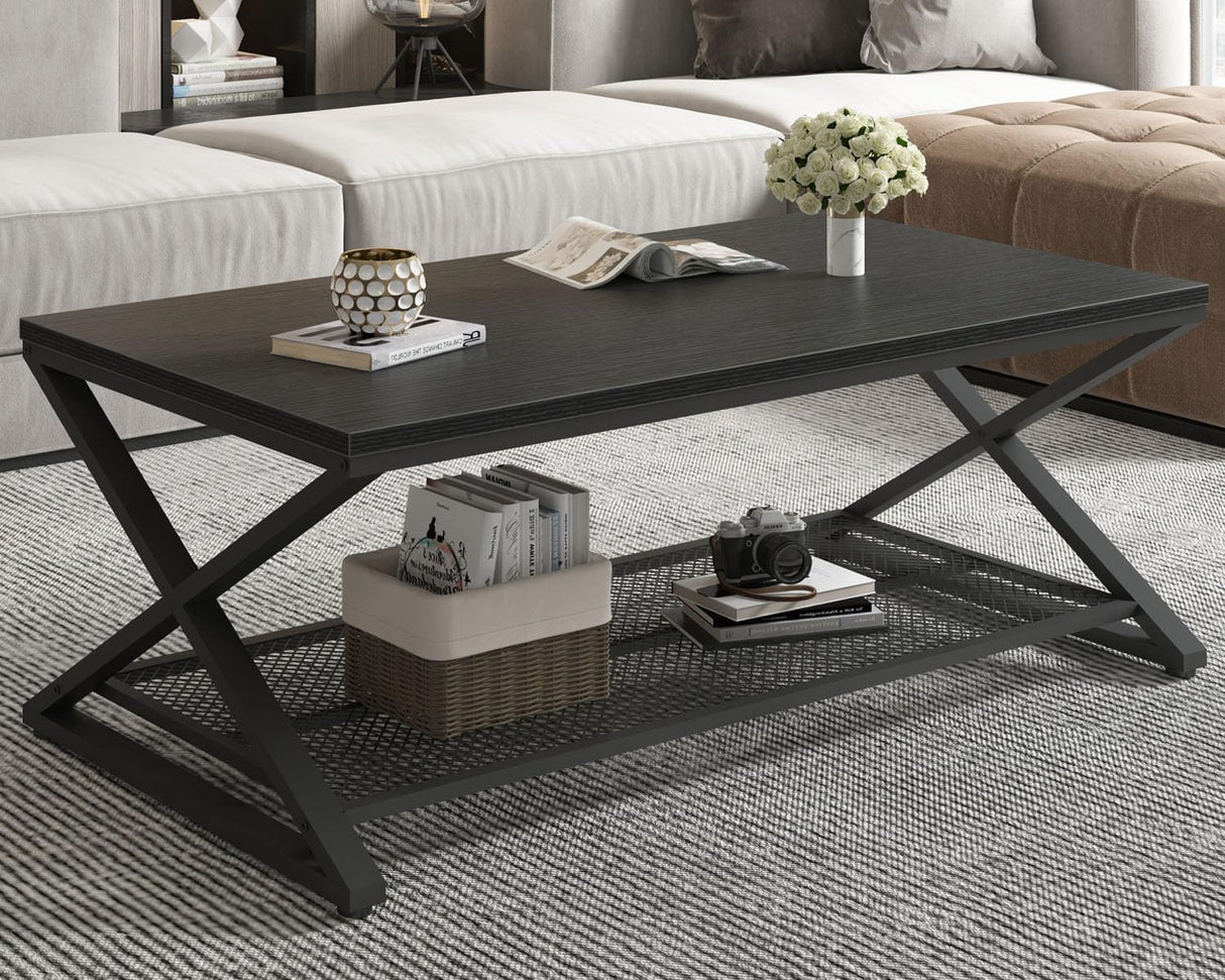 LVB Black Coffee Table, Wood Metal 2 Tier Center Tables with Storage Shelf, Modern Rectangular Concrete Tea Table for Living Room, Wooden Middle Cocktail Table for Office Bedroom, 47 inch, Black Oak LVB