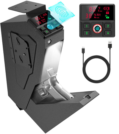 QINGENO Quick-Access Mounted Nightstand Handgun Gun Safe, Drop Down Auto Open Lid Smart Pistol Safe with Biometric Lock/Keypad Lock/Key Lock (QG8002F Biometric)