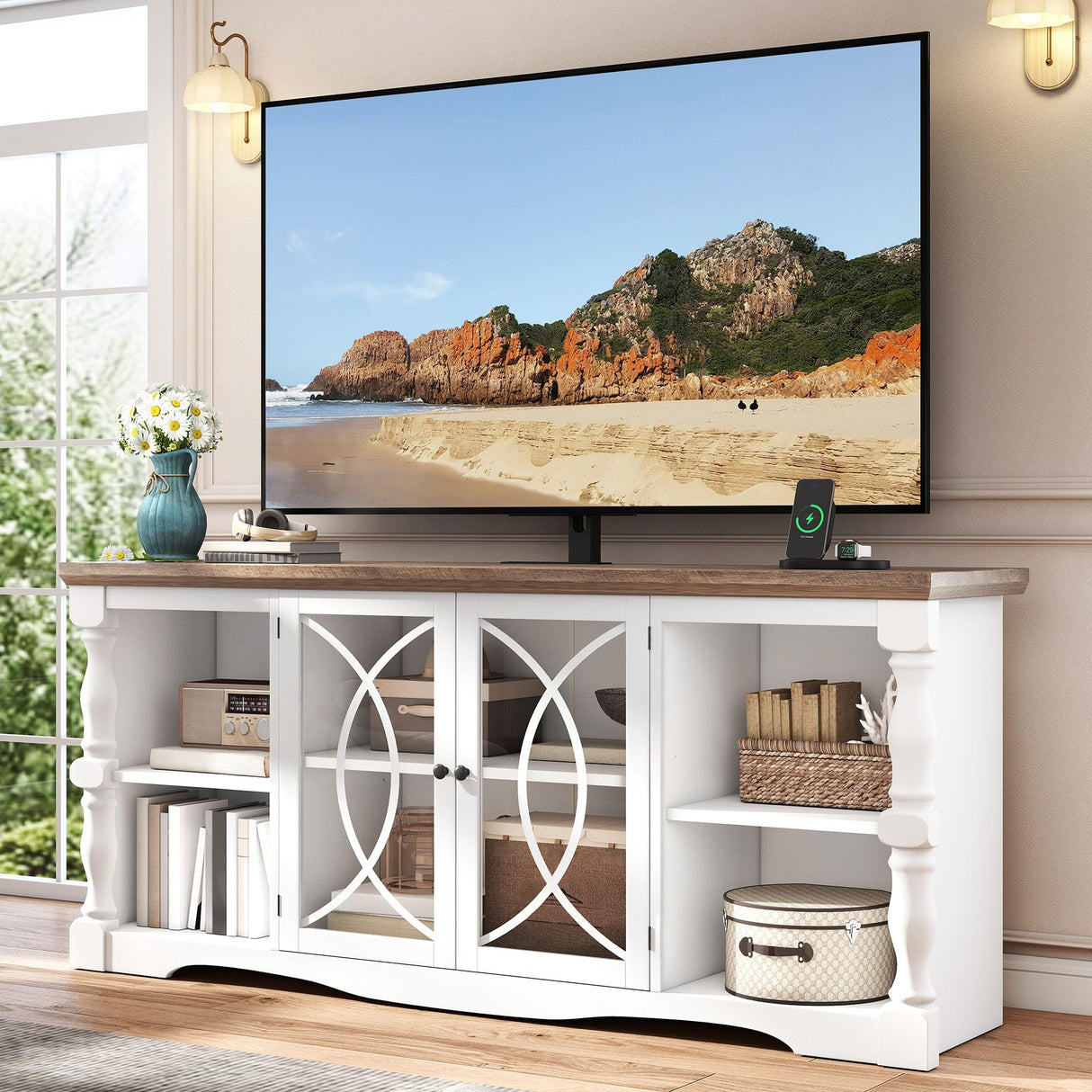 YITAHOME Farmhouse TV Stand with Mount for 32-70 Inch TVs, Entertainment Center with Power Outlets, Media Console Cabinet with Tempered Glass Doors for Living Room, Washed Grey & White YITAHOME