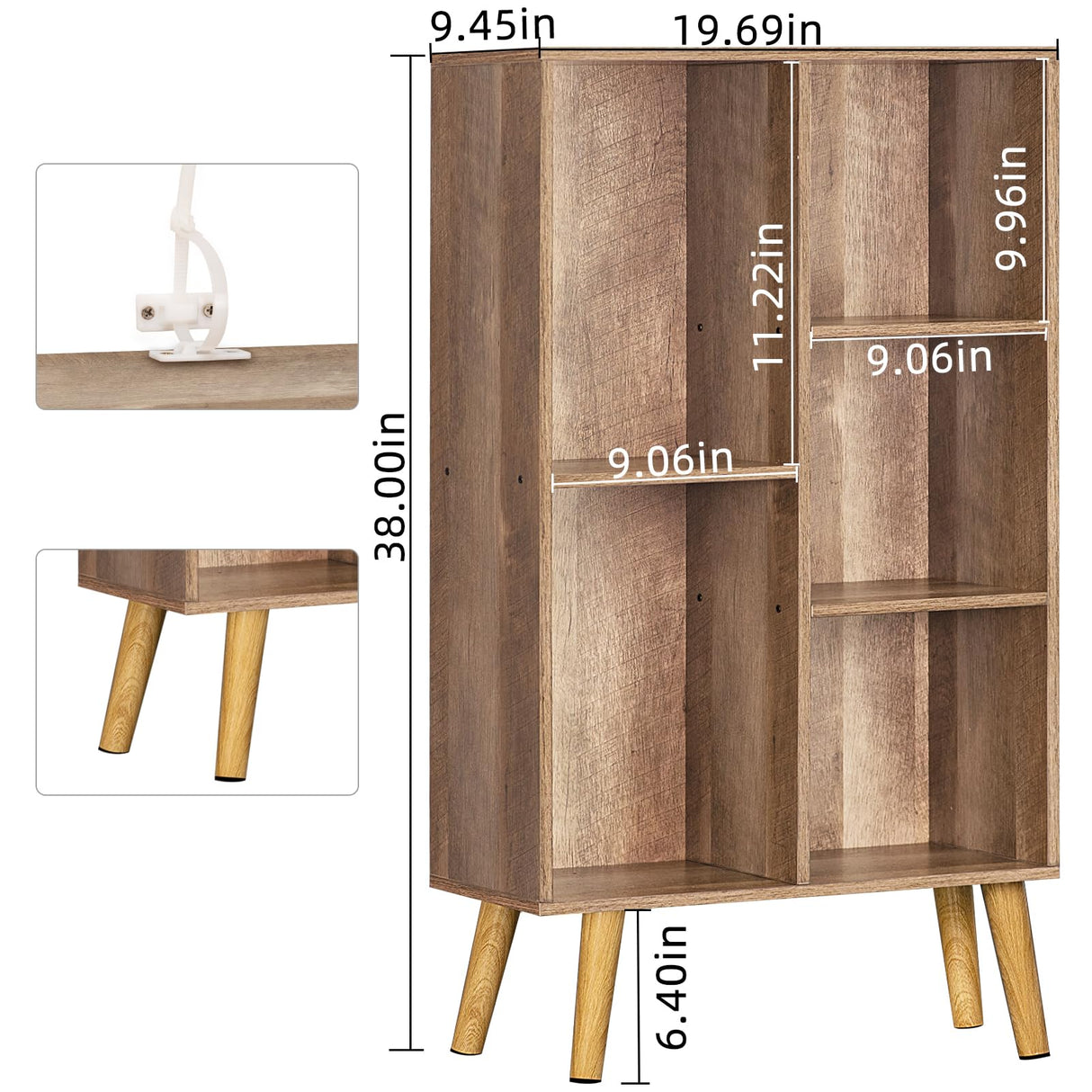 5 Cube Small Bookshelf,3 Tier Mid-Century Modern Bookcase with Legs,Wood Kids Bookshelves Storage Organizer Shelf,Free Standing Narrow Book Shelves,Oak Grey Corner Bookcases for Bedroom,Living Room LEYAOYAO