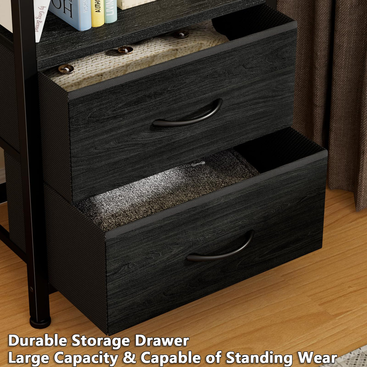 Furnulem 4-Tier Corner Shelf, Bookshelf with 2 Storage Drawers, 57.28”Tall Narrow Bookcase, Standing Shelf Organizer Unit for Living Room, Bedroom, Metal Frame, Wood Display Shelf Furnulem