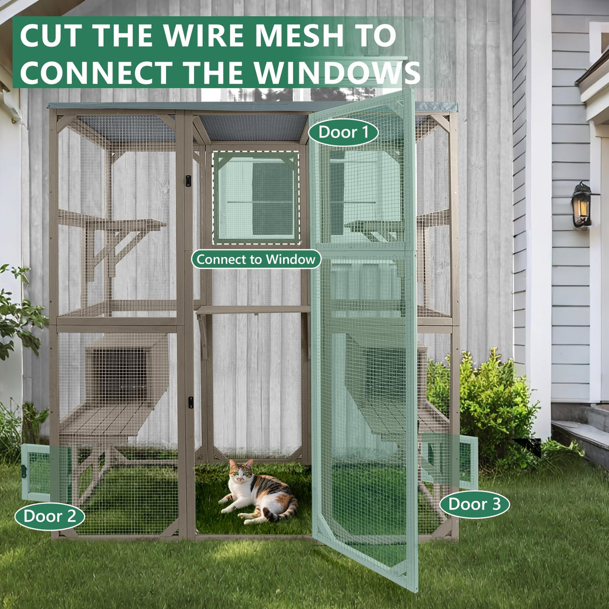 Catio Outdoor Cat Enclosure Large Cat House Catio Window for Mulitiple Cats Walk-in Kitty Cage with 5 Platforms 3 Access Doors Tarp Roof 67.7" H Magazoopet