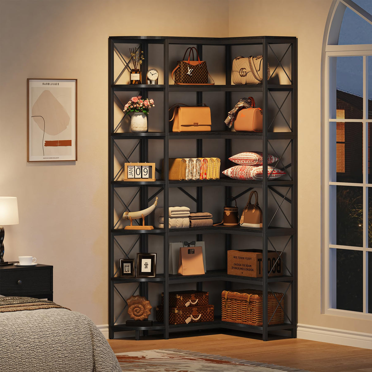 Condemo 7-Shelf Reversible Corner Bookshelf, Modern Industrial Tall Bookcase, 7-Tier Large L-Shaped Storage Shelf Display Rack with Metal Frame for Living Room, Home Office, Bedroom, Black Condemo