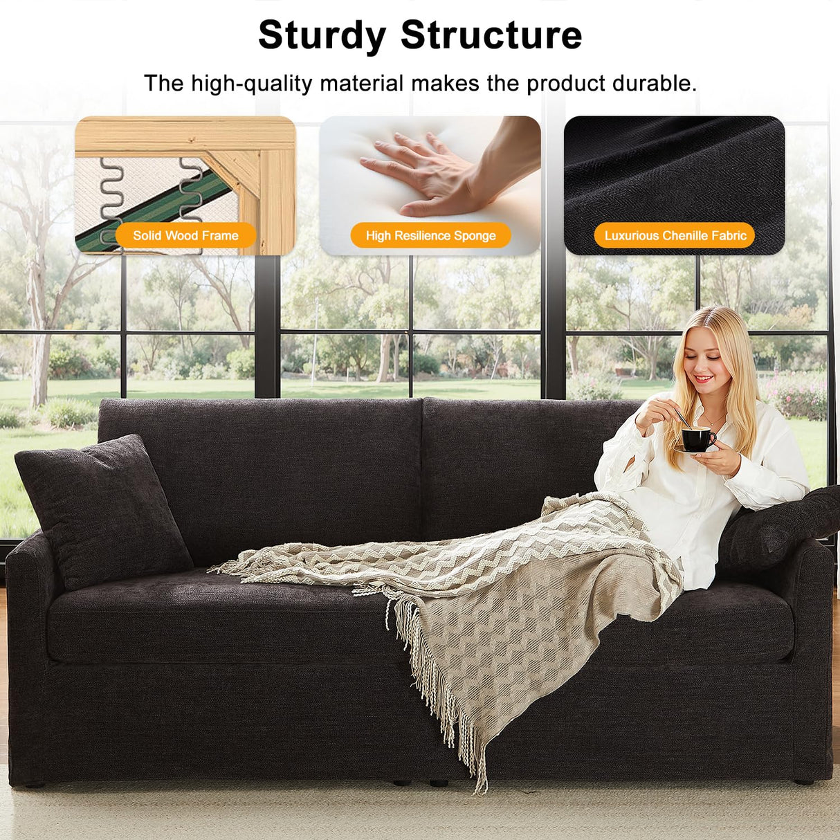 LegacyAmerhome 85" Chenille Sofa Couches for Living Room, 3 Seater Sofa with 2 Pillows, Modern Couches Tool-Free Setup, Comfy Oversized Loveseat with Medium Firm Cushions for Small Spaces, Apartment LegacyAmerhome