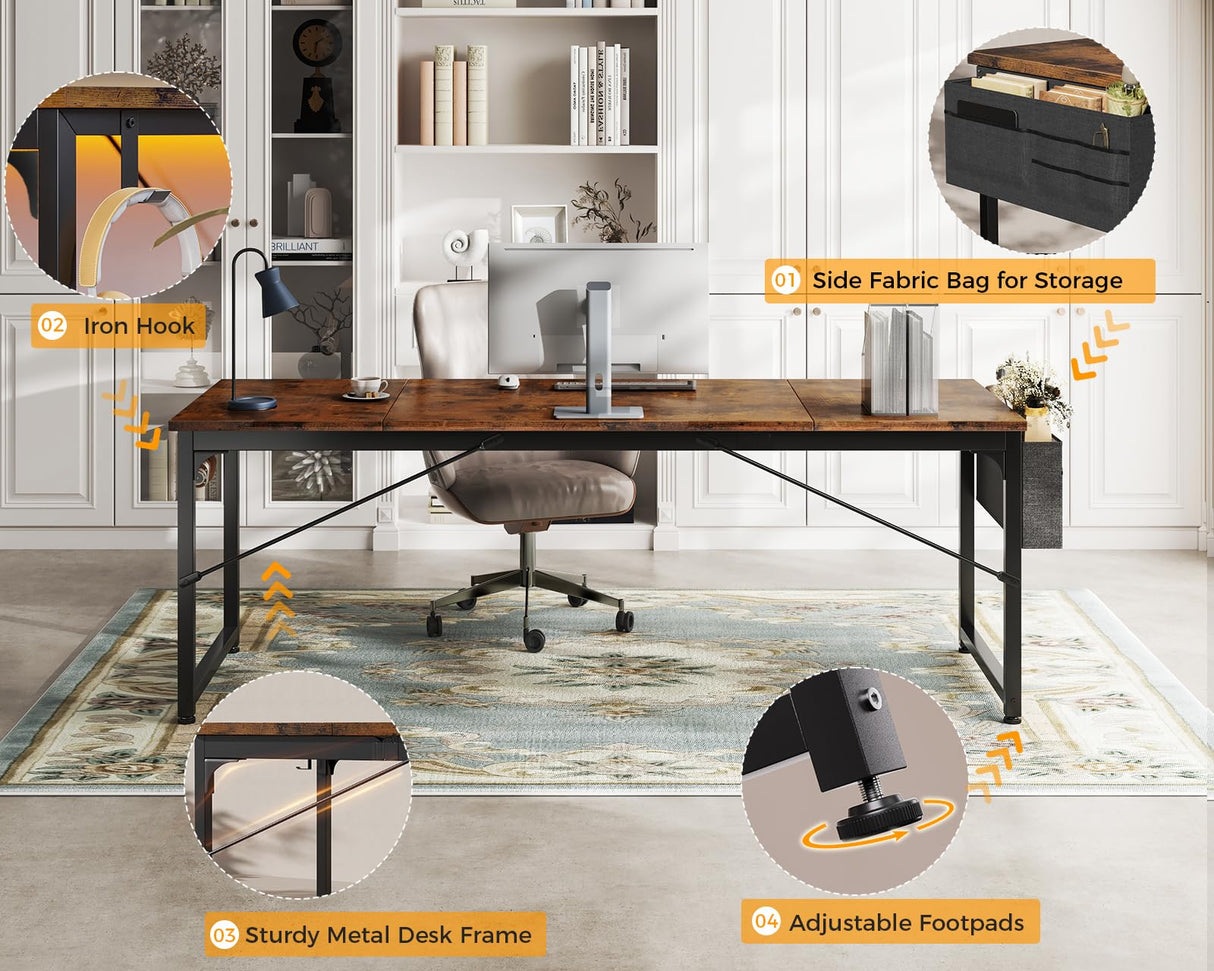ODK 71 Inch Large Computer Desk Home Office Desk, Long Modern PC Desk Work Table with Headphone Hook & Fabric Bag for Storage, Spliced Board, Rustic Brown ODK