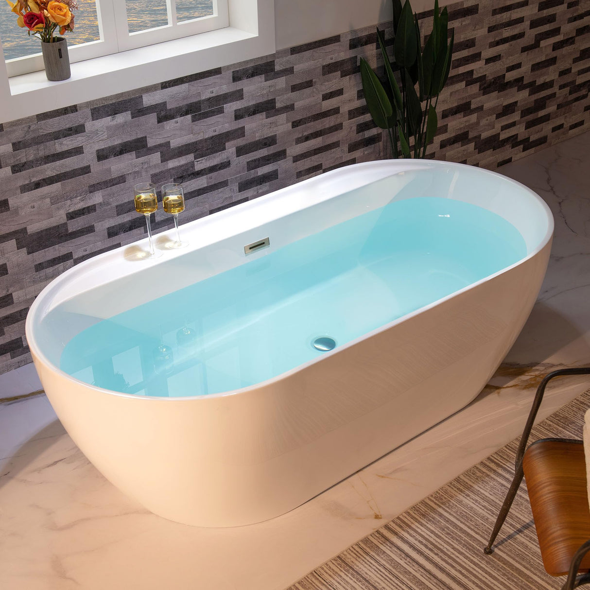 WOODBRIDGE 72" Acrylic Freestanding Bathtub Contemporary Soaking White Tub with Brushed Nickel Overflow and Drain,B0059-BN WOODBRIDGE