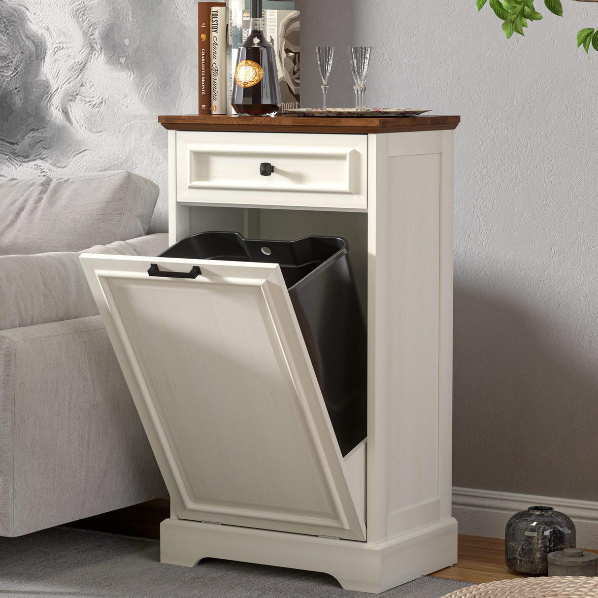 AHB 13 Gallon Tilt Out Trash Cabinet Kitchen Waste Bins, Laundry Hamper Tilt Out Pet Proof Hidden Trash Bin for Kitchen Living Room, Antique White and Brown AHB