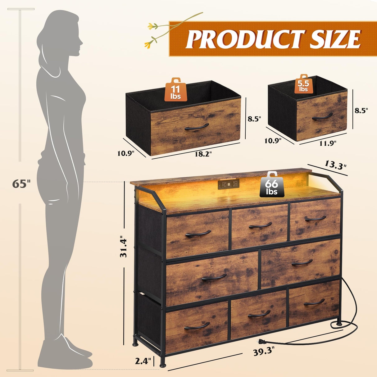 WLIVE Led Dresser for Bedroom, TV Stand for Bedroom with LED Lights and Power Outlet, Wide Chest of Drawers for Hallway, 8 Fabric Drawers for Living Room and Entryway, Rustic Brown WLIVE