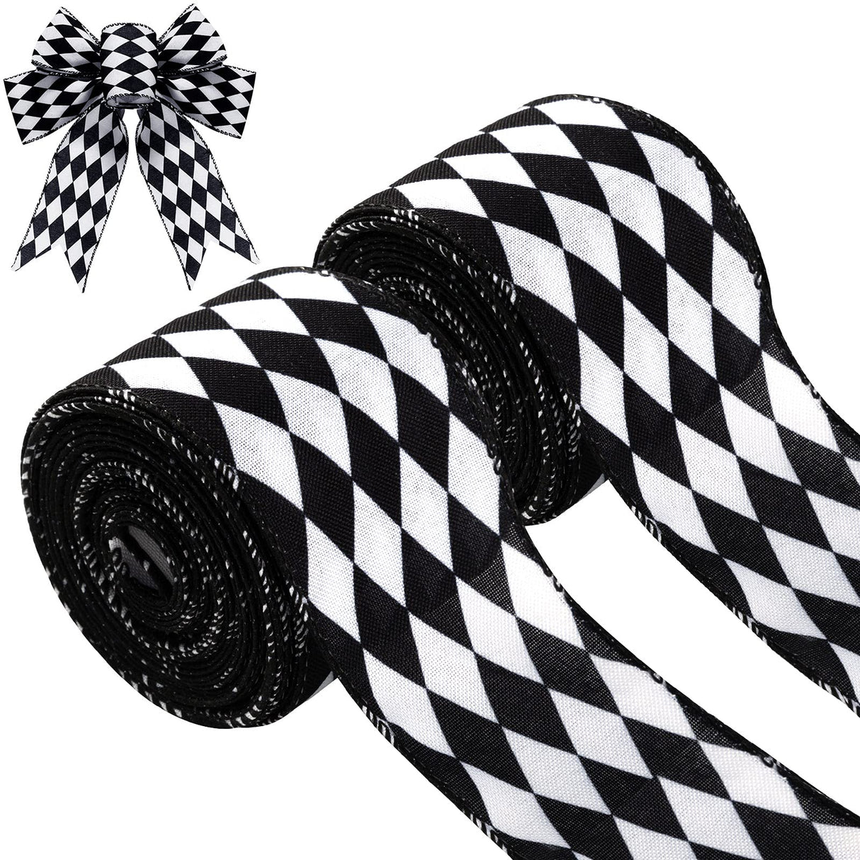 2 Rolls Christmas Checkered Ribbon Black and White Check Ribbon Diamond Check Wired Edge Ribbon Diamond Pattern Decorative Ribbons for Christmas Fall Tree Wrapping DIY Crafts (2.6 Inch) MTLEE