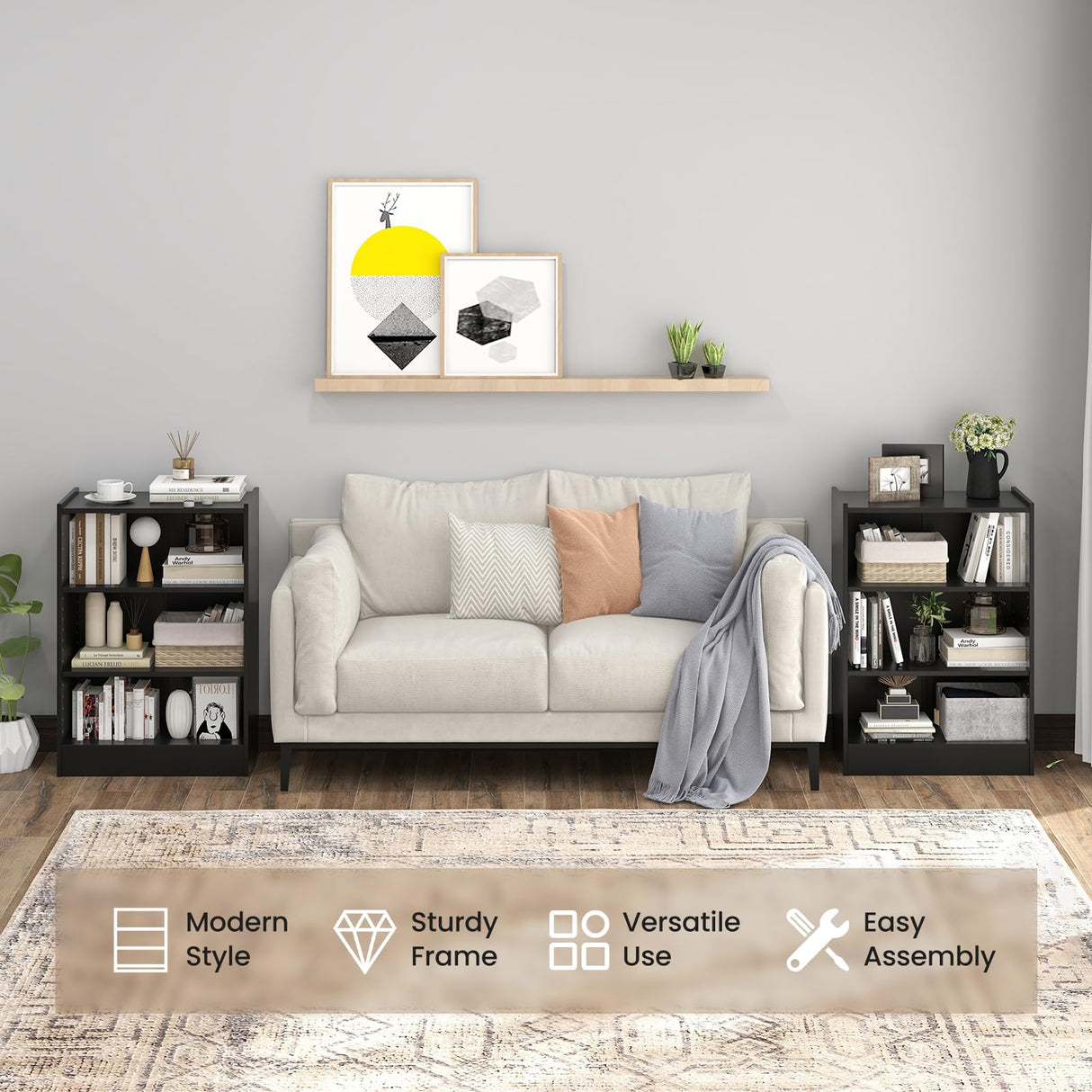 Giantex 3-Cube Bookcase Black - 3-Tier Modern White Open Bookshelf with Adjustable Shelves, Anti-Tipping Device, Small Wood Cube Storage Organizer for Kid’s Room, Living Room, Bedroom Giantex