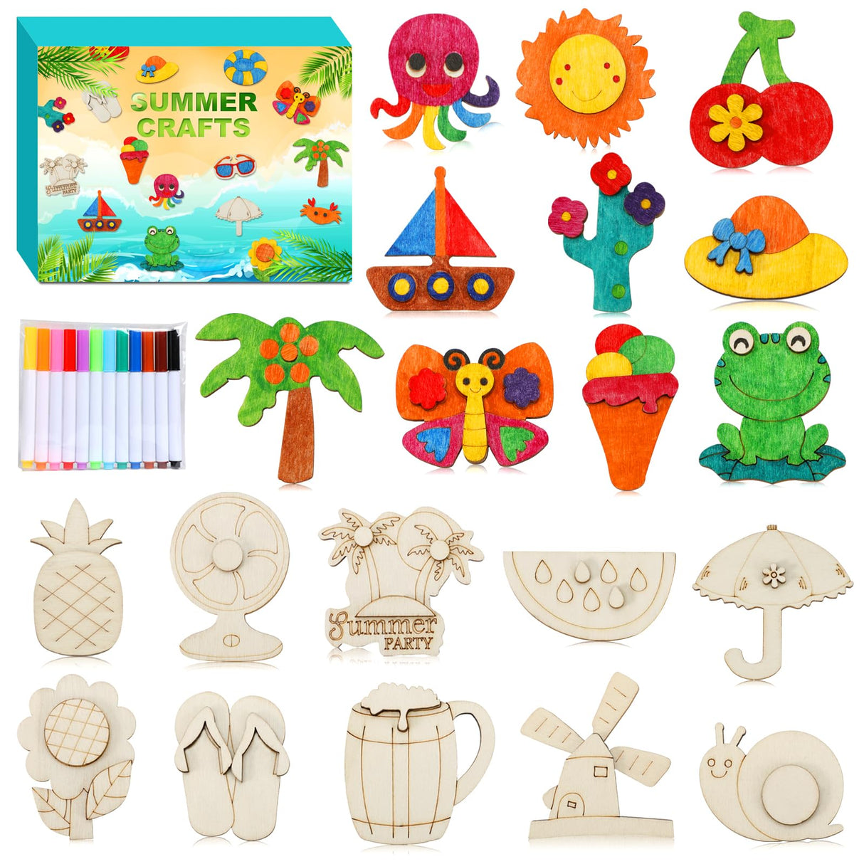 Worgree Summer Crafts for Kids, 36 Pcs DIY Wooden Magnets Art Craft Supplies Painting Kit for Boys Girls Ages 4-8 8-12 Birthday Party Gifts Summer Activities School Classroom Prizes Worgree