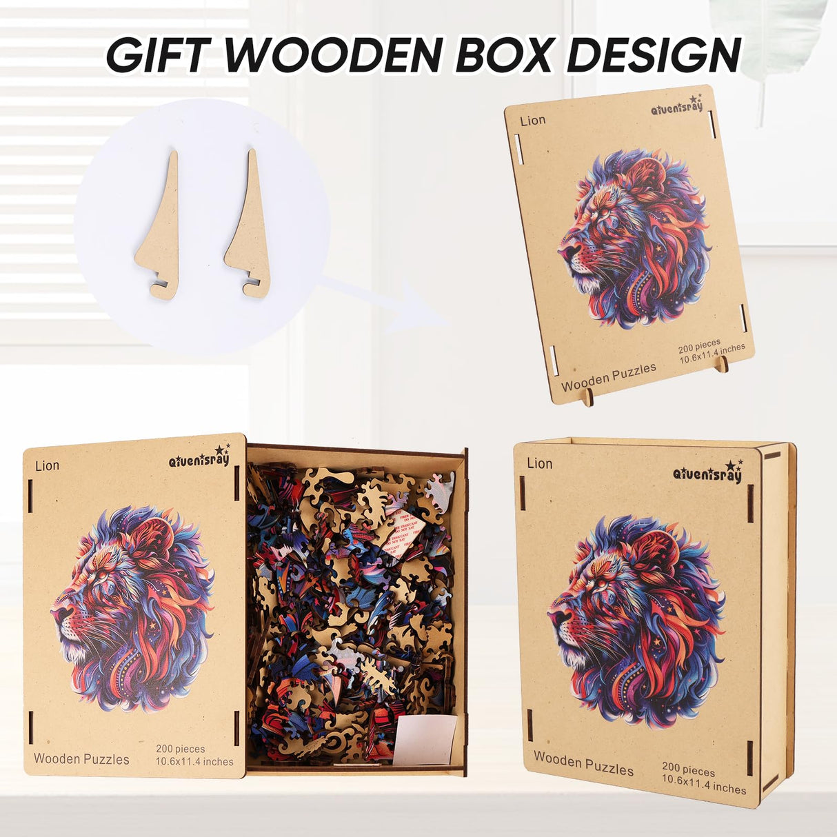 Qiuenisray Wooden Puzzles for Adults,Lion Wooden Jigsaw Puzzles 200pcs,11.4X10.6in,Medium,Unique Shape Animal Adult Puzzles,Irregular Wood Puzzles Creative Gift for Adults and Kids Family Game Qiuenisray