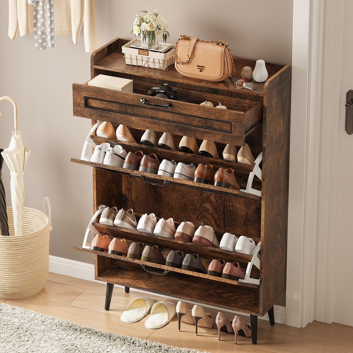 Maupvit Shoe Cabinet with 2 Flip Drawers,Hidden Shoe Storage Cabinet with 1 Pull Drawer for Entryway,Narrow Shoe Rack,Freestanding Slim Shoe Organizer Cabinet for Hallway,Brown Maupvit