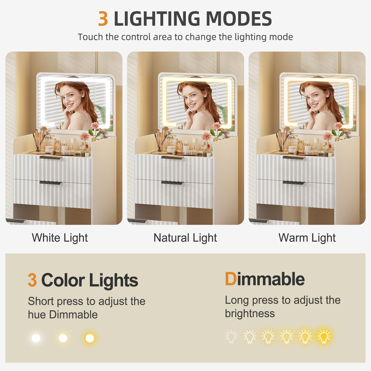 Gurexl Fluted Small Vanity Desk with Mirror and Lights, 3-in-1 Compact Makeup Vanity Set with Hidden Storage Stool, Mini Dressing Table with 3 Drawers, Gift for Little Girls/Kids (White) Gurexl