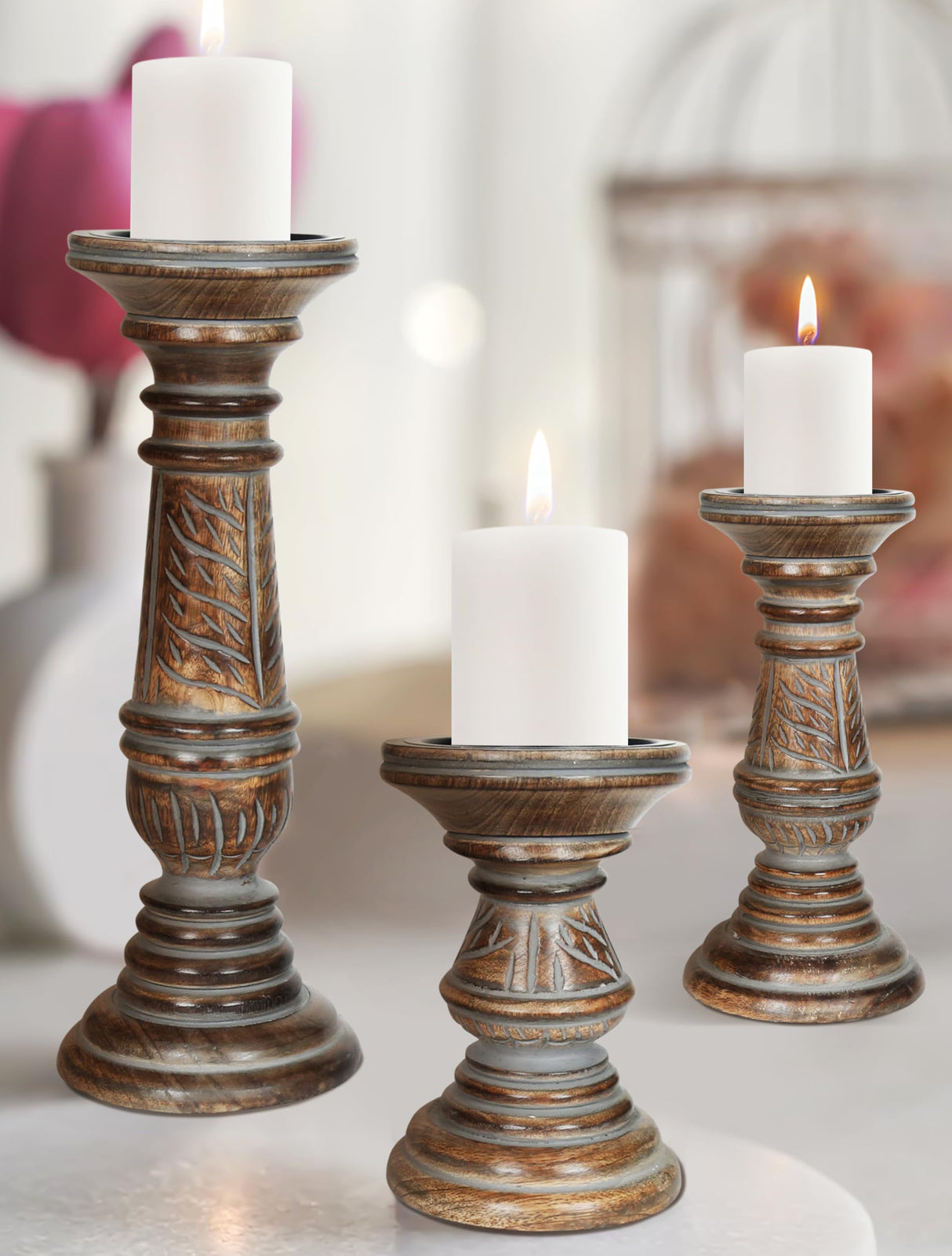 Candle Holders for Pillar Candles (Grey Wash, Set of 3) - Mangowood Candle Stand - Farmhouse Wooden Candle Holders Pillar Leaf Design - Candle Holder Decor for Table Centerpiece - 6”, 9”, 12” The Wooden Town