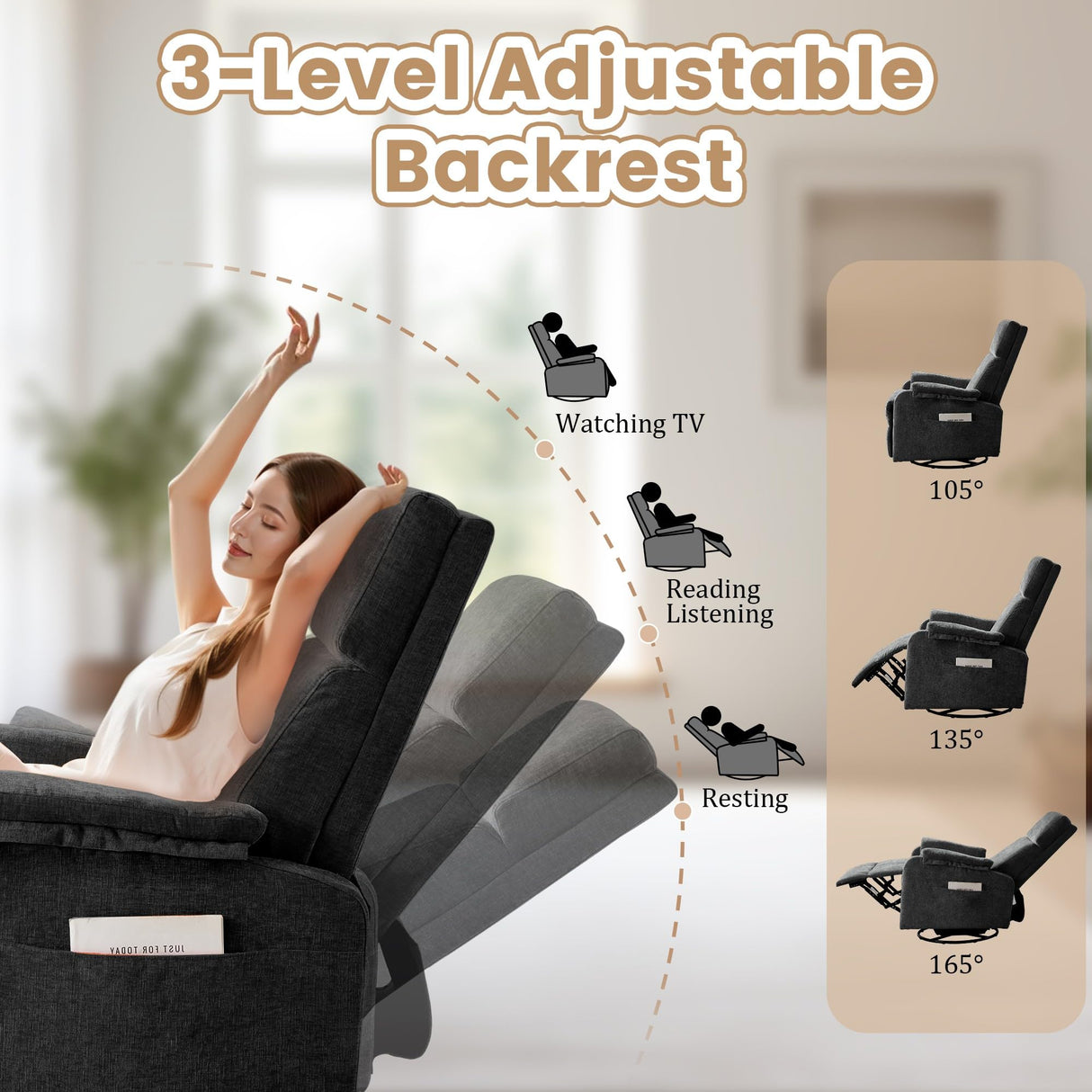 Korser Recliner Chairs, Swivel Rocking Recliner Chair for Adults, Glider Rocking Chair, Small Nursery Chair Recliner for Living Room, Reclining with Modern-Designed Armrests, Chenille, Black Korser